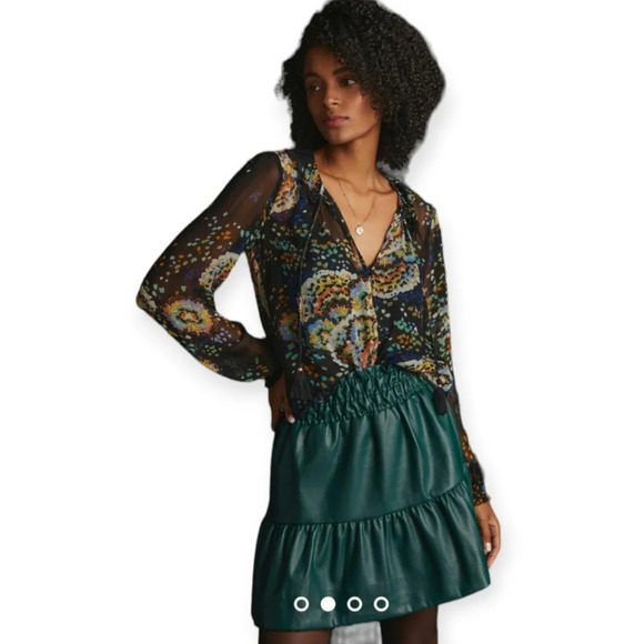 By Anthropologie Peasant Blouse Button Up Semi Sheer Pleated Top Neck Tassels XS - Picture 16 of 16